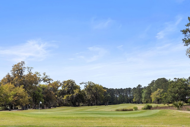 view of community featuring golf course view and a yard