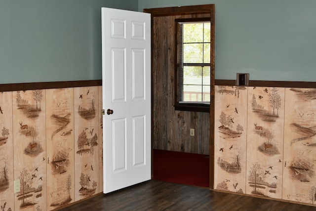 bathroom with hardwood / wood-style flooring and wood walls