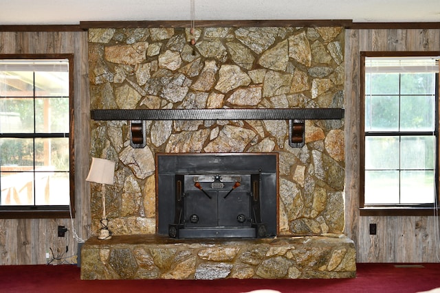 interior details featuring wooden walls and a fireplace