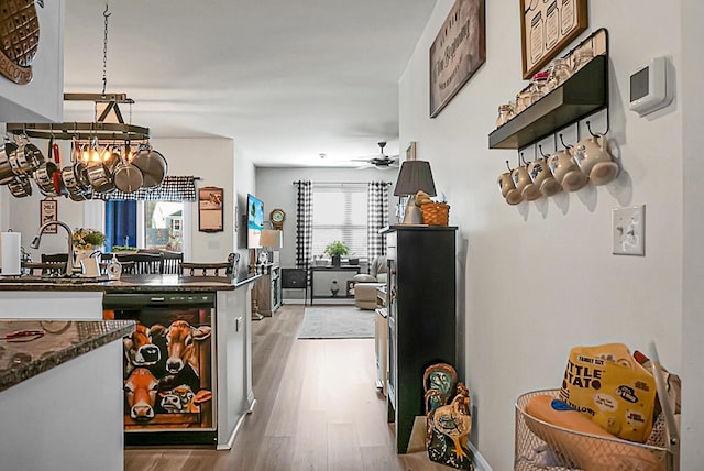 kitchen featuring sink, hardwood / wood-style flooring, ceiling fan, hanging light fixtures, and black dishwasher