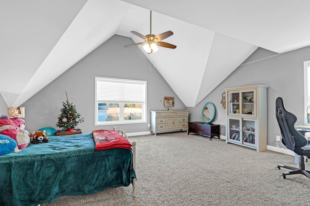 carpeted bedroom with lofted ceiling and ceiling fan