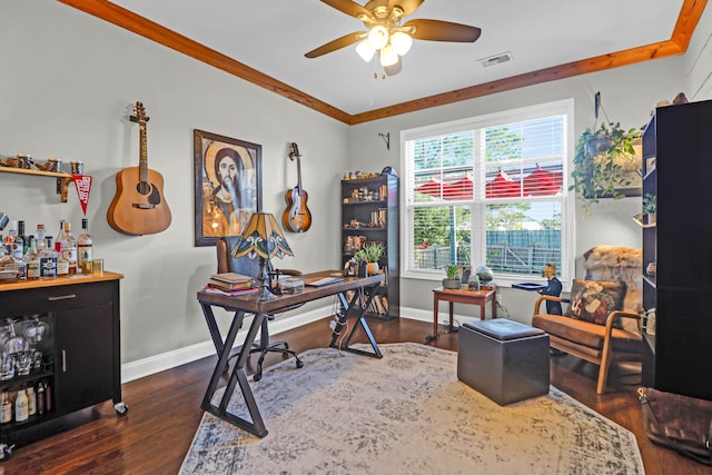 home office with dark wood-type flooring, ceiling fan, and bar area