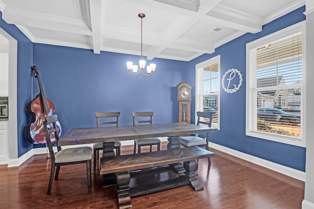 dining room featuring dark hardwood / wood-style floors, a chandelier, coffered ceiling, ornamental molding, and beamed ceiling