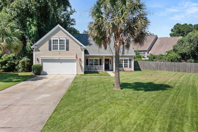 view of front of house featuring a front lawn, a porch, and a garage