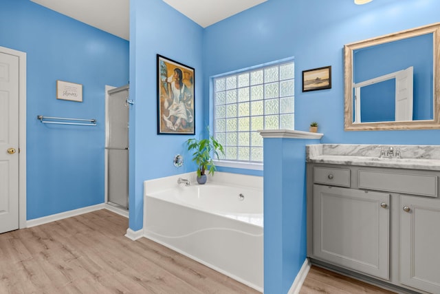 bathroom featuring wood-type flooring, vanity, and independent shower and bath