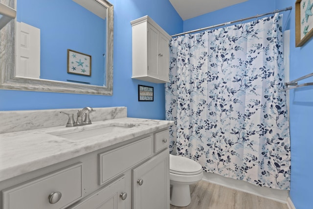 bathroom with toilet, vanity, a shower with shower curtain, and hardwood / wood-style flooring