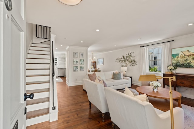 5 Smith St, Charleston, SC 29401 - living area with stairway, wood finished floors, recessed lighting, crown molding, and baseboards