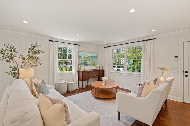 5 Smith St, Charleston, SC 29401 - living room with ornamental molding, dark wood-style flooring, recessed lighting, and baseboards