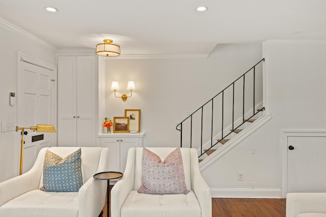 5 Smith St, Charleston, SC 29401 - living area with wood finished floors, crown molding, stairs, recessed lighting, and baseboards