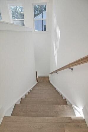 staircase with hardwood / wood-style flooring