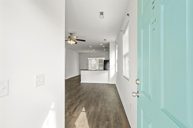 foyer with ceiling fan, sink, and dark wood-type flooring