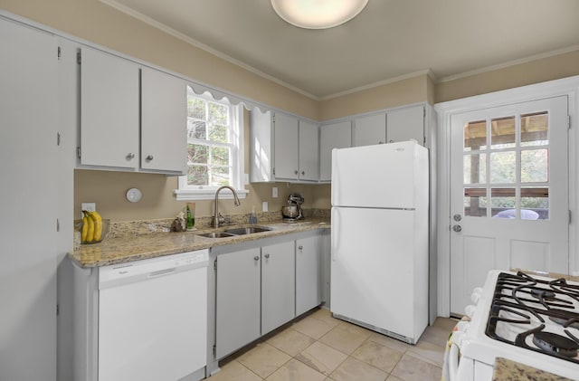 kitchen featuring sink, white appliances, light tile patterned floors, white cabinetry, and ornamental molding