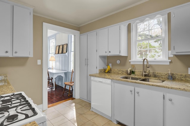 kitchen featuring crown molding, sink, white cabinets, and white appliances