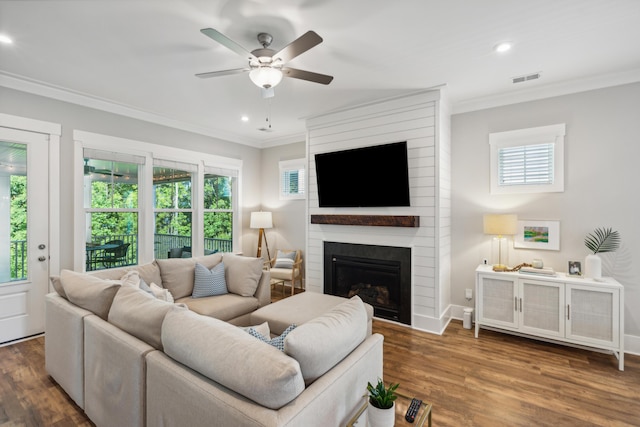 living room featuring ceiling fan, a large fireplace, dark wood-type flooring, and plenty of natural light