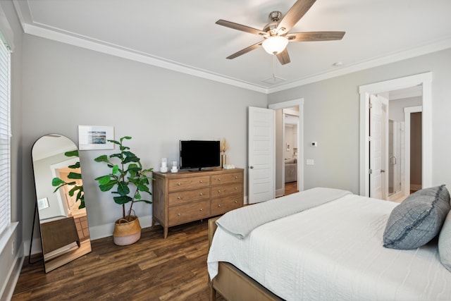 bedroom with crown molding, ceiling fan, and dark wood-type flooring