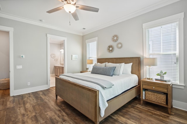 bedroom with ensuite bathroom, ceiling fan, crown molding, multiple windows, and dark hardwood / wood-style floors