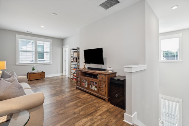 living room featuring dark wood-type flooring