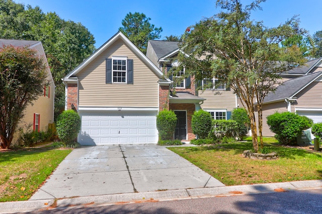 front facade with a garage and a front lawn