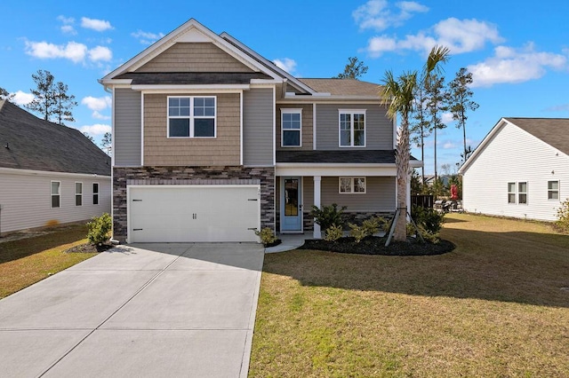 261 Celestial Blvd, Summerville, SC 29486 - craftsman-style house featuring driveway, a garage, a front yard, and stone siding