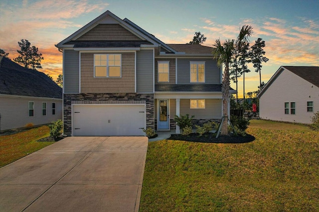 261 Celestial Blvd, Summerville, SC 29486 - craftsman house featuring a garage, a yard, driveway, and stone siding