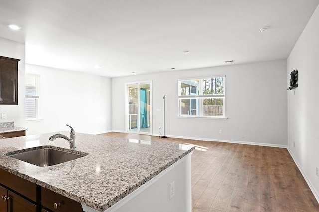 261 Celestial Blvd, Summerville, SC 29486 - kitchen featuring a sink, dark brown cabinetry, light stone countertops, light wood-style flooring, and recessed lighting