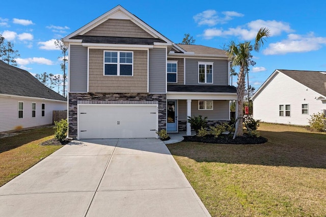 261 Celestial Blvd, Summerville, SC 29486 - craftsman-style house with stone siding, concrete driveway, a front lawn, and a garage