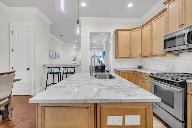 kitchen featuring crown molding, appliances with stainless steel finishes, sink, and a kitchen island with sink