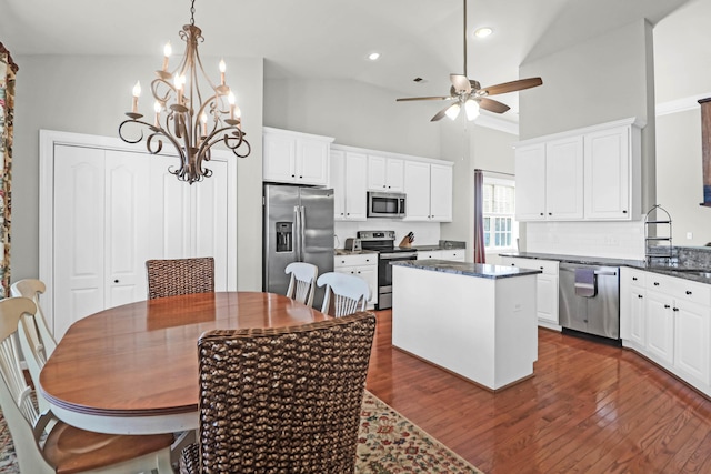 2257 Magnolia Meadows Dr, Mount Pleasant, SC 29464 - kitchen with appliances with stainless steel finishes, a ceiling fan, a center island, dark wood finished floors, and recessed lighting