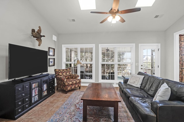 2257 Magnolia Meadows Dr, Mount Pleasant, SC 29464 - tiled living room featuring a skylight, healthy amount of natural light, and ceiling fan