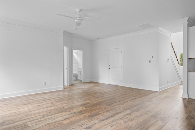 unfurnished living room featuring ceiling fan, light wood-type flooring, and crown molding