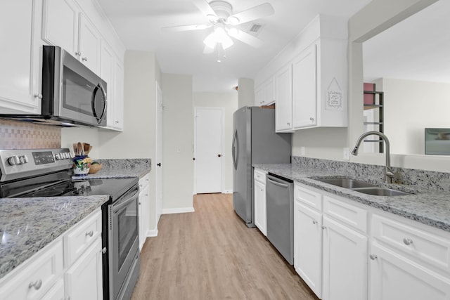 kitchen with a sink, white cabinets, visible vents, and stainless steel appliances