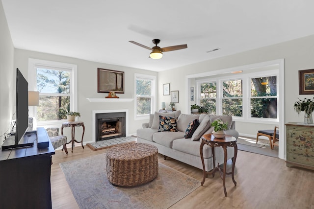 living area with a wealth of natural light, visible vents, light wood-style flooring, and a fireplace with raised hearth