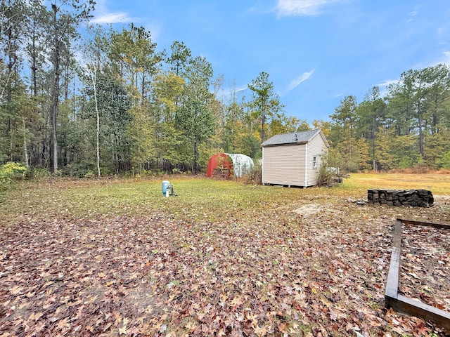 view of yard featuring a storage shed