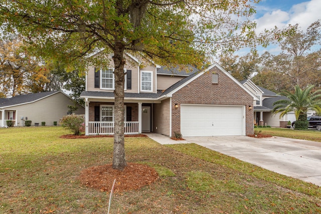 front of property with a garage, covered porch, and a front lawn