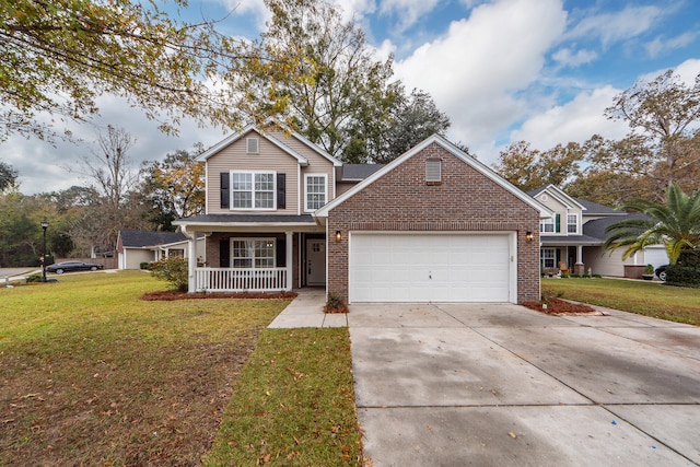 front facade with a front lawn, covered porch, and a garage