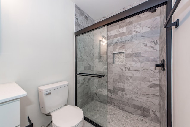 bathroom with vanity, toilet, and a shower with shower door