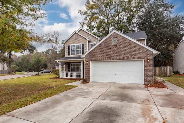 front facade with a garage and a front lawn