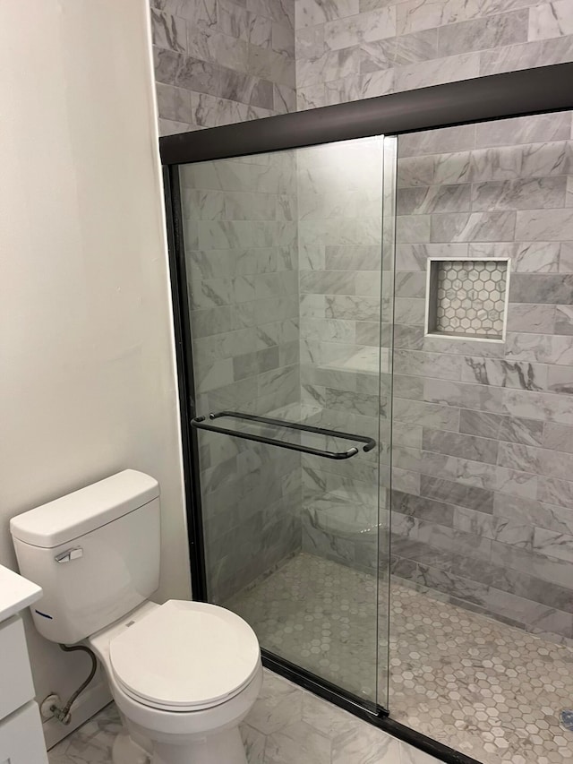 bathroom featuring vanity, toilet, and walk in shower