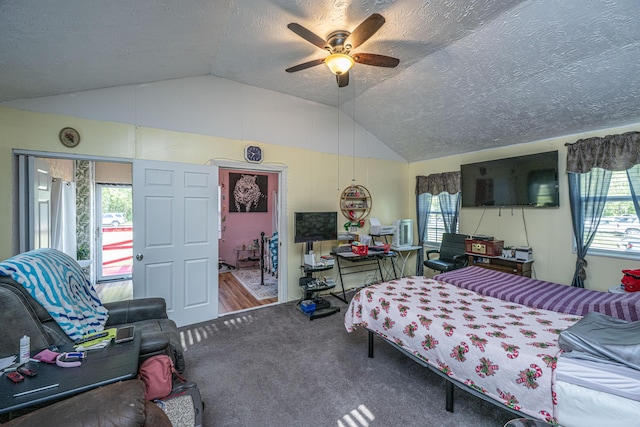 11341 Cottageville Hwy, Cottageville, SC 29435 - carpeted bedroom featuring a textured ceiling, a ceiling fan, and vaulted ceiling