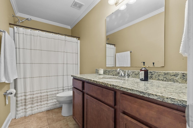 1583 Southwick Dr, Johns Island, SC 29455 - bathroom featuring ornamental molding, toilet, vanity, tile patterned flooring, and a shower with shower curtain