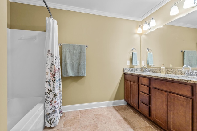 1583 Southwick Dr, Johns Island, SC 29455 - full bath featuring ornamental molding, double vanity, shower / tub combo, baseboards, and tile patterned floors