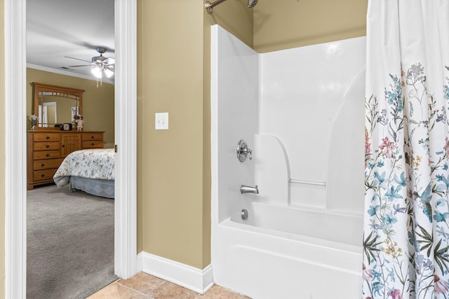 1583 Southwick Dr, Johns Island, SC 29455 - bathroom with shower / tub combo, a ceiling fan, tile patterned floors, baseboards, and crown molding