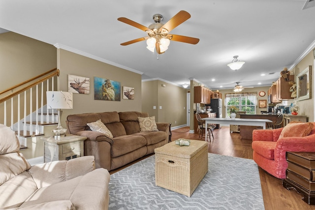 1583 Southwick Dr, Johns Island, SC 29455 - living room featuring ceiling fan, ornamental molding, wood finished floors, baseboards, and recessed lighting