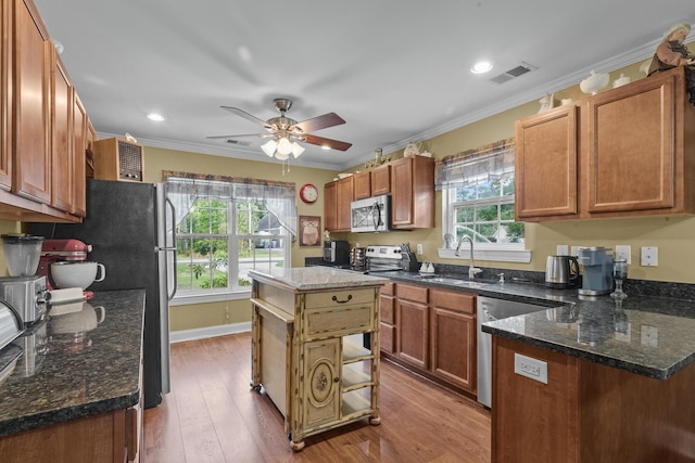 1583 Southwick Dr, Johns Island, SC 29455 - kitchen featuring stainless steel appliances, a sink, healthy amount of natural light, a ceiling fan, and crown molding
