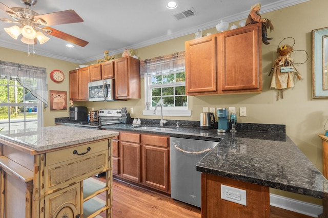 1583 Southwick Dr, Johns Island, SC 29455 - kitchen with appliances with stainless steel finishes, a sink, a ceiling fan, plenty of natural light, and crown molding