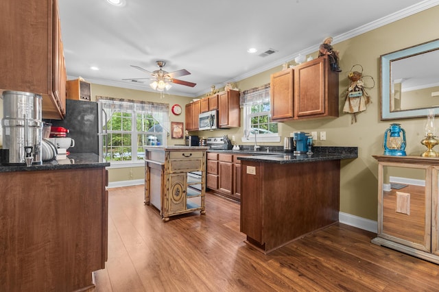 1583 Southwick Dr, Johns Island, SC 29455 - kitchen featuring stainless steel microwave, dark wood-type flooring, baseboards, plenty of natural light, and crown molding