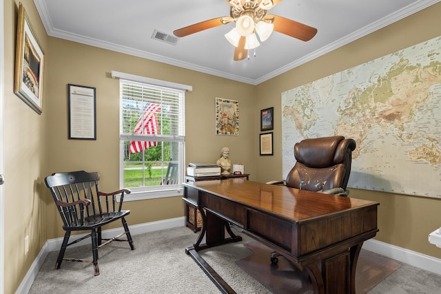 1583 Southwick Dr, Johns Island, SC 29455 - home office with baseboards, ornamental molding, a ceiling fan, and light carpet