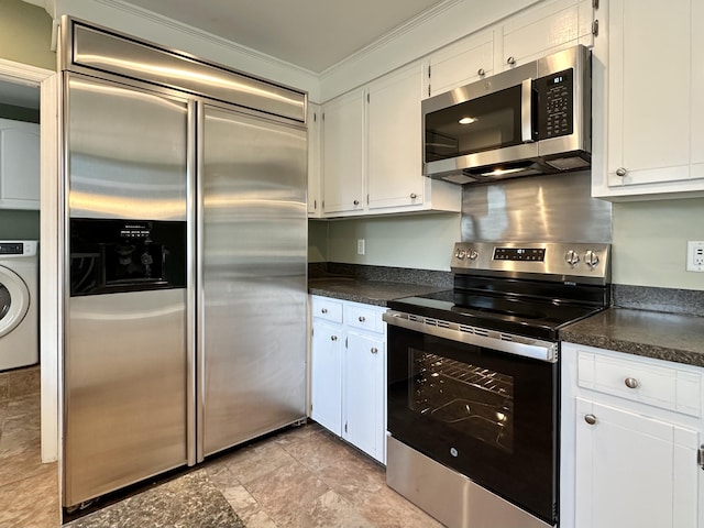 kitchen featuring white cabinetry, washer / clothes dryer, crown molding, and appliances with stainless steel finishes