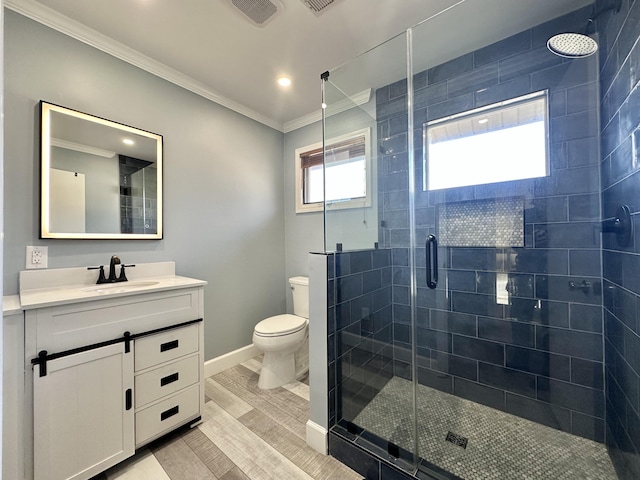 bathroom featuring crown molding, a shower with door, vanity, wood-type flooring, and toilet