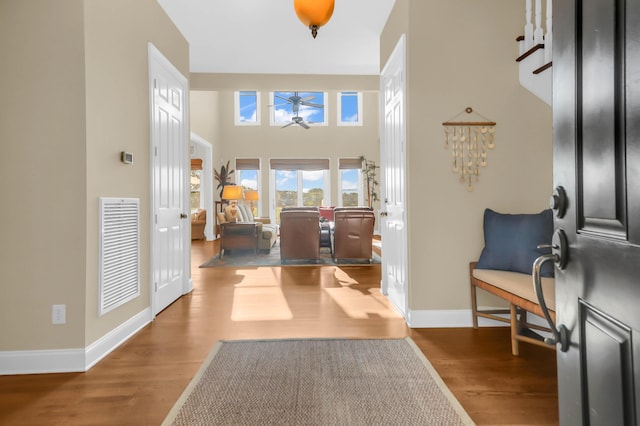 foyer entrance with a towering ceiling and wood-type flooring